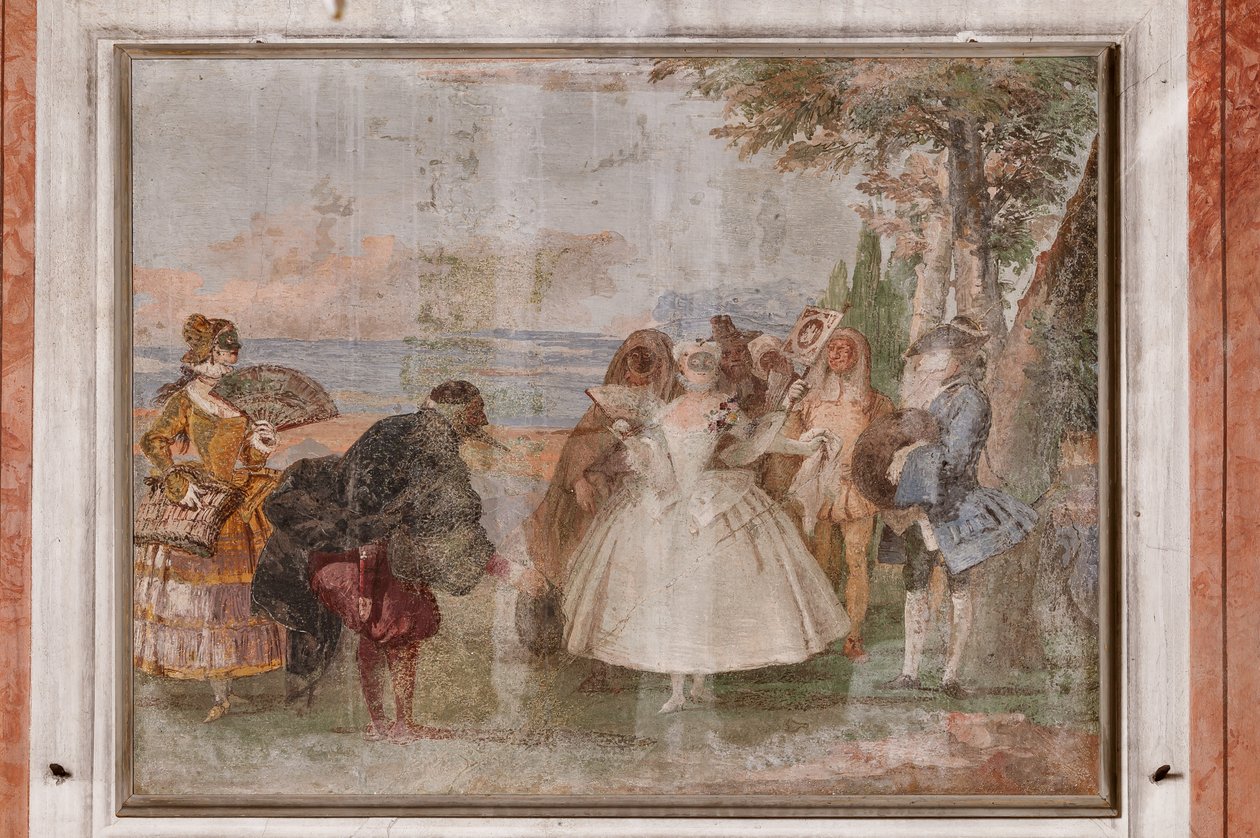 Guest Lodgings, the Room of the Carnival Scenes: "Pantalone and Columbina", en scene med masker af Giovanni Battista Tiepolo