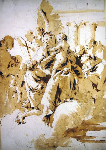 Madonna og barn med engle, hellige og spædbarnet Johannes Døberen (pen og brunt blæk og vask på papir) af Giovanni Battista Tiepolo