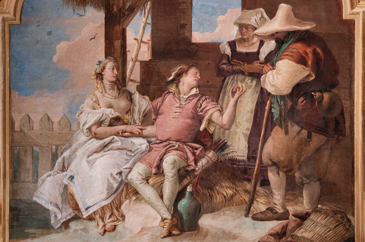Palazzina (lille bygning): andet rum eller rum i Ariosto med fresker, der repræsenterer episoder fra "Orlando Furioso": "Angelica og Medoro i hyrdernes hus" af Giovanni Battista Tiepolo