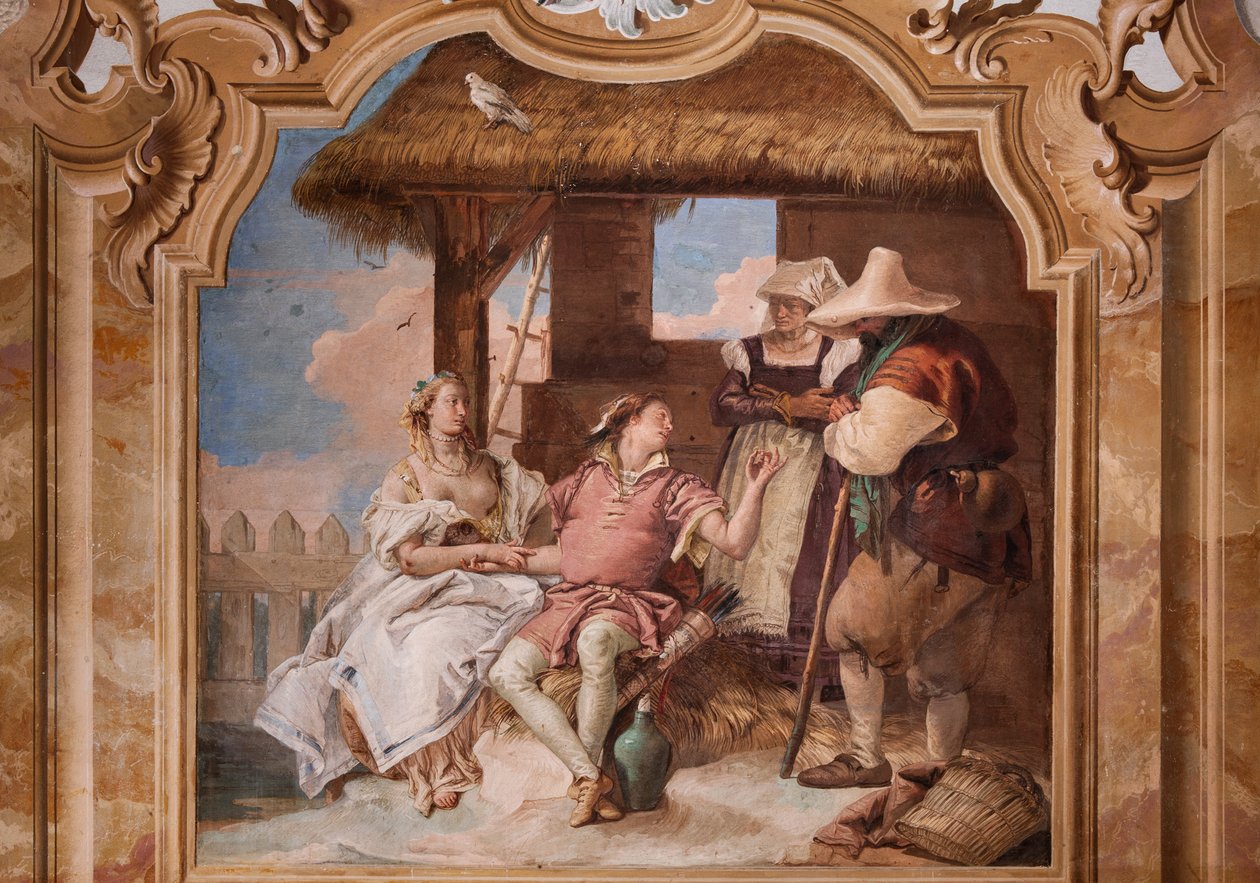 Palazzina (lille bygning): andet rum eller rum i Ariosto med fresker, der repræsenterer episoder fra "Orlando Furioso": "Angelica og Medoro i hyrdernes hus" af Giovanni Battista Tiepolo