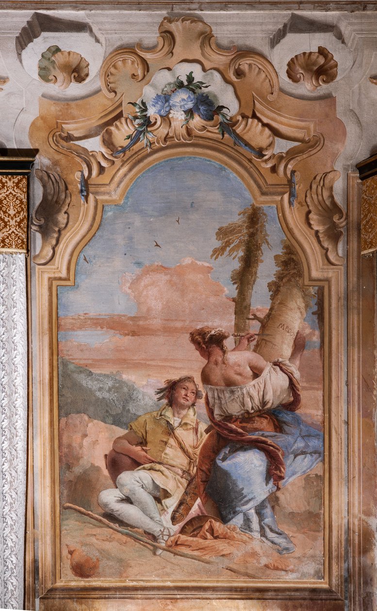 Palazzina (lille bygning): andet rum eller rum i Ariosto med fresker, der repræsenterer episoder fra "Orlando Furioso": "Angelica og Medoro graverer deres navne på barken af planter" af Giovanni Battista Tiepolo