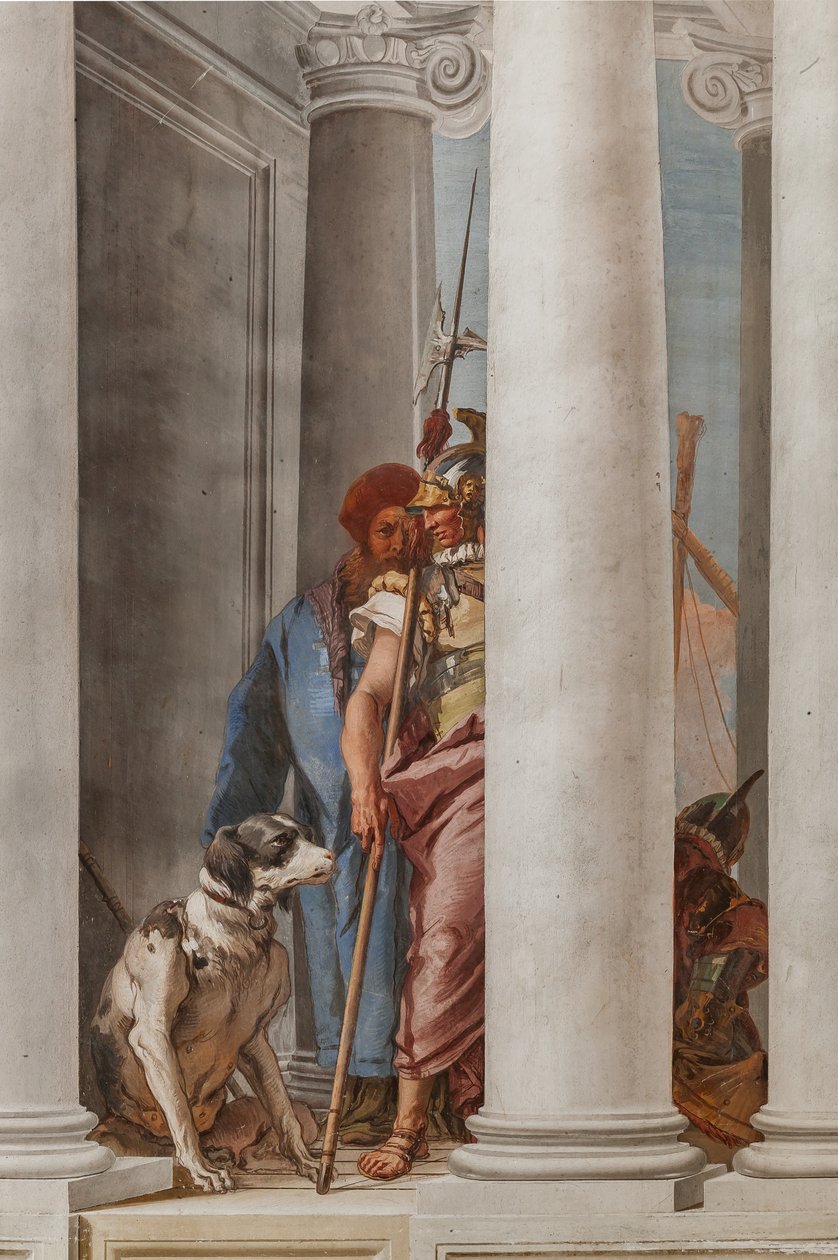 Palazzina (lille bygning), indgangshallen: "Den græske flåde i Aulide", detalje, der repræsenterer en hund og en soldat af Giovanni Battista Tiepolo