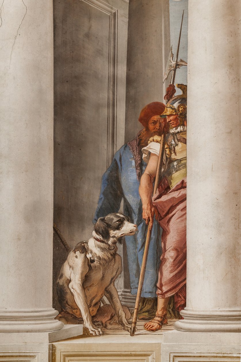 Palazzina (lille bygning), indgangshallen: "Den græske flåde i Aulide", detalje, der repræsenterer en hund og en soldat af Giovanni Battista Tiepolo