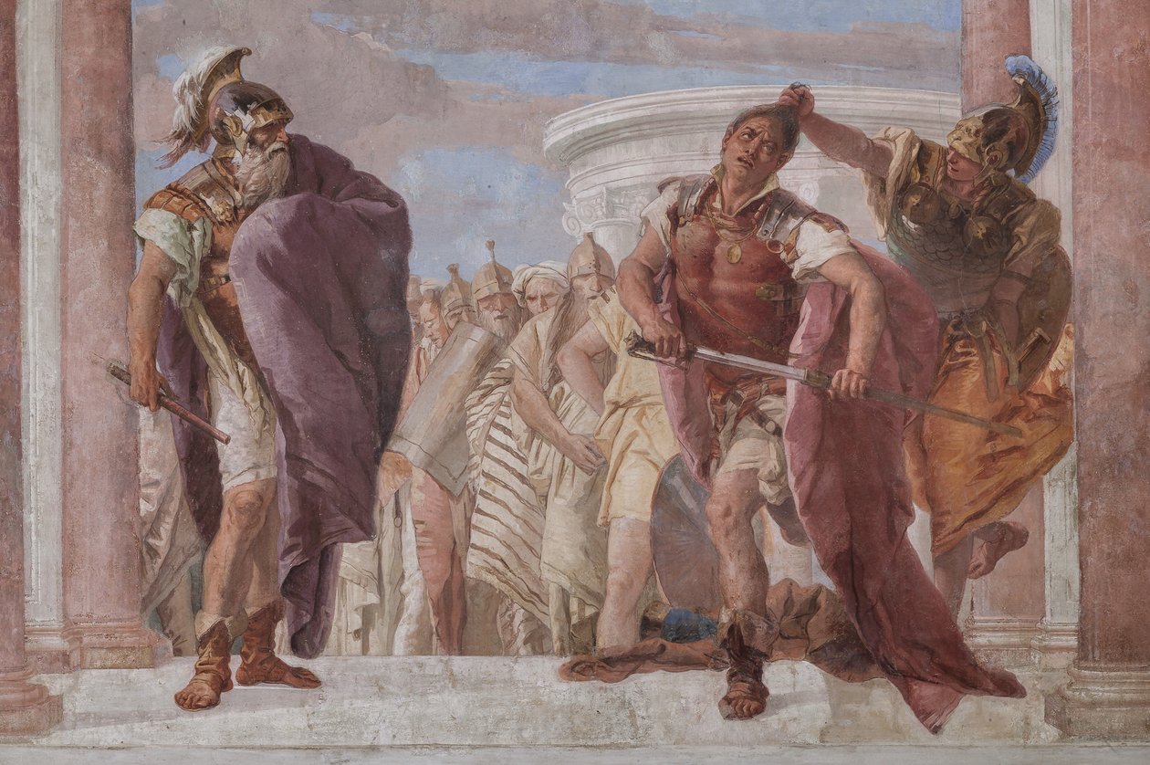 Palazzina (lille bygning): udsigt over det første rum og dets fresker, der repræsenterer episoder fra Iliaden: "Athena forhindrer Achilleus i at trække sit sværd mod Agamemnon", detaljer af Giovanni Battista Tiepolo