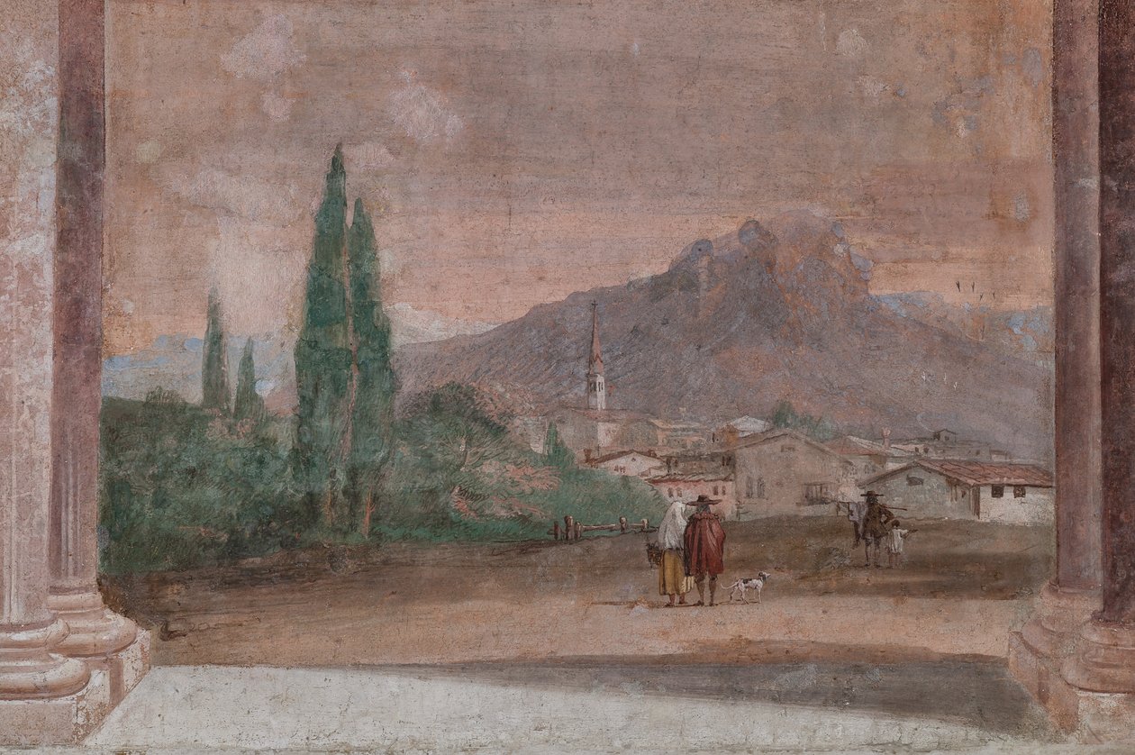 Palazzina (lille bygning): udsigt over det første rum og dets fresker, der repræsenterer episoder fra Iliaden: "Amor med pile, der flyver over et venetiansk landskab", detaljer vedrørende landskabet af Giovanni Battista Tiepolo