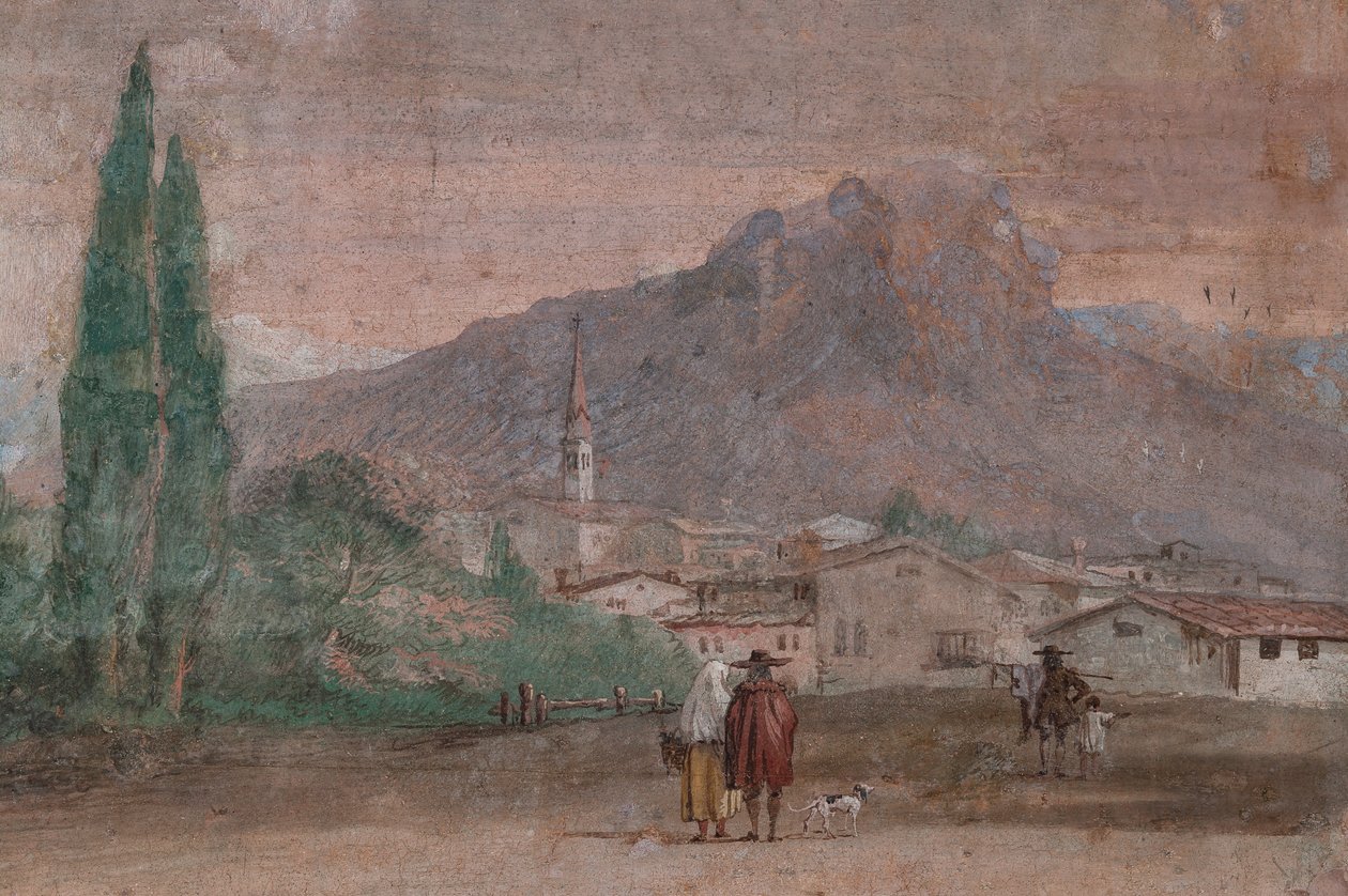 Palazzina (lille bygning): udsigt over det første rum og dets fresker, der repræsenterer episoder fra Iliaden: "Amor med pile, der flyver over et venetiansk landskab", detaljer vedrørende landskabet af Giovanni Battista Tiepolo