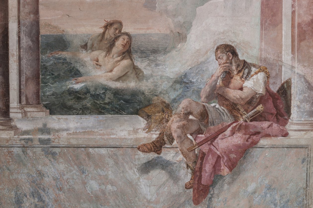 Palazzina (lille bygning): udsigt over det første rum og dets fresker, der repræsenterer episoder fra Iliaden: "Akilles i tårer, mens hans mor Thetis dukker op fra havet for at trøste ham", detaljer af Giovanni Battista Tiepolo