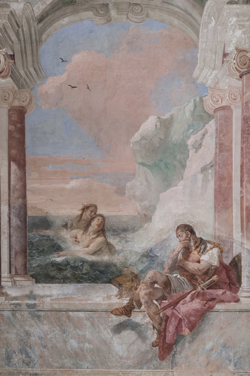Palazzina (lille bygning): udsigt over det første rum og dets fresker, der repræsenterer episoder fra Iliaden: "Akilles i tårer, mens hans mor Thetis dukker op af havet for at trøste ham" af Giovanni Battista Tiepolo