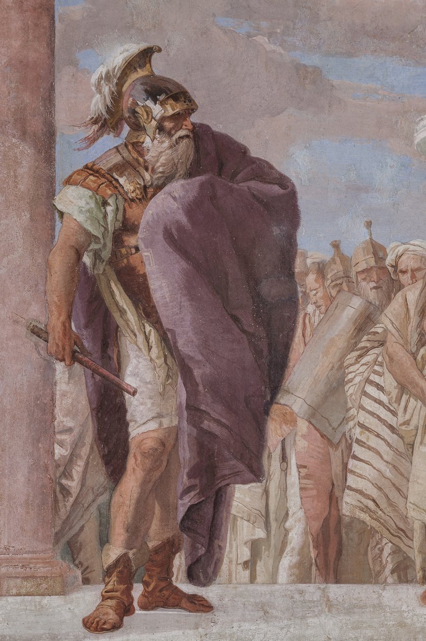 Palazzina (lille bygning): udsigt over det første rum og dets fresker, der repræsenterer episoder fra Iliaden: "Athena forhindrer Achilleus i at trække sit sværd mod Agamemnon", detalje af kong Agamemnon af Giovanni Battista Tiepolo