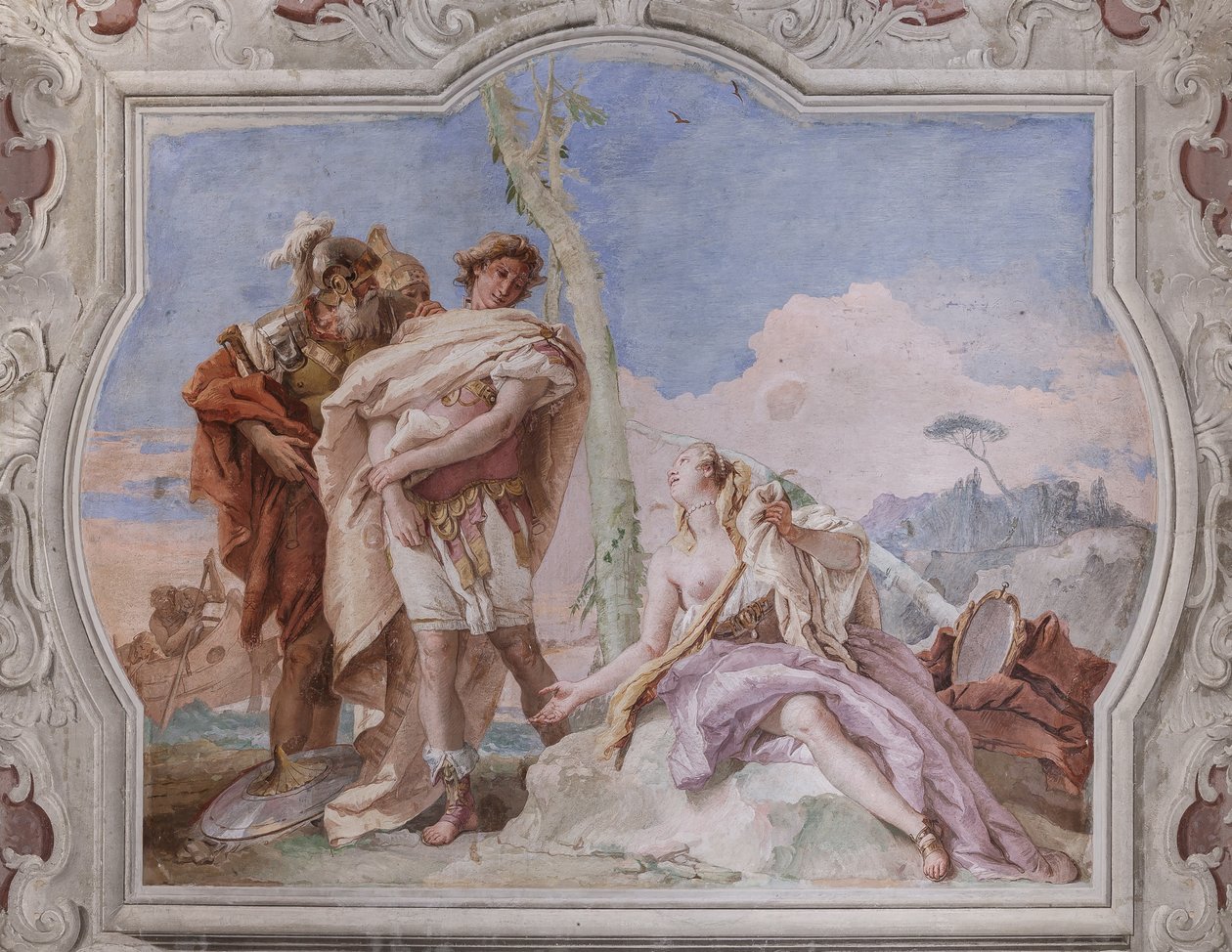 Palazzina (lille bygning): udsigt over det fjerde rum eller af Torquato Tasso, med freescoes, der repræsenterer episoder af "Jerusalem Delivered": "Rinaldo, eskorteret af Ubaldo og Carlo, forlader Armida" af Giovanni Battista Tiepolo