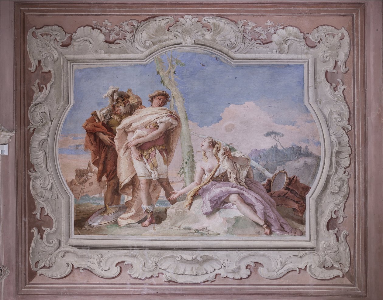 Palazzina (lille bygning): udsigt over det fjerde rum eller af Torquato Tasso, med freescoes, der repræsenterer episoder af "Jerusalem Delivered": "Rinaldo, eskorteret af Ubaldo og Carlo, forlader Armida" af Giovanni Battista Tiepolo