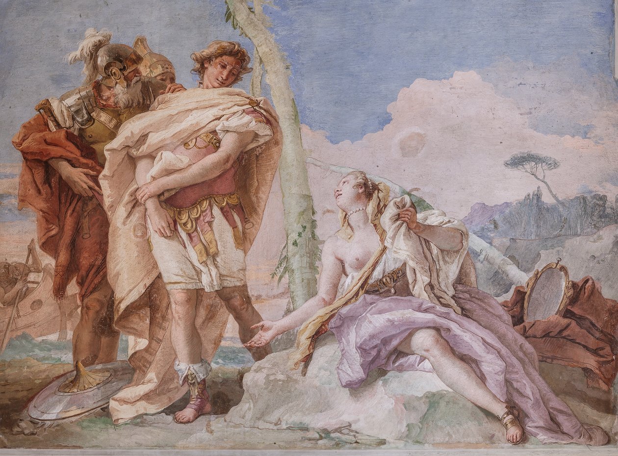 Palazzina (lille bygning): udsigt over det fjerde rum eller af Torquato Tasso, med freescoes, der repræsenterer episoder af "Jerusalem Delivered": "Rinaldo, eskorteret af Ubaldo og Carlo, forlader Armida" af Giovanni Battista Tiepolo