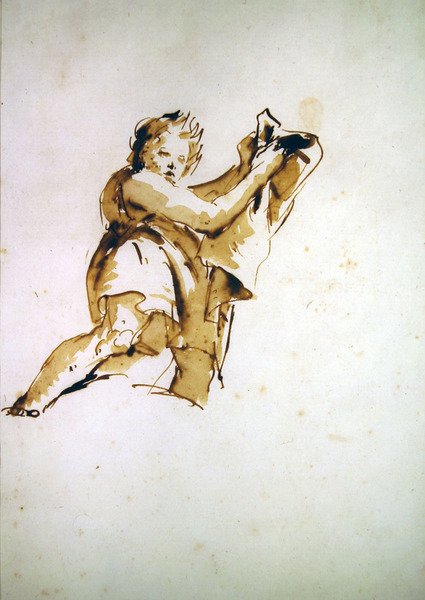 Studie af en ung, der holder en kappe (pen & brunt blæk og vask på papir) af Giovanni Battista Tiepolo