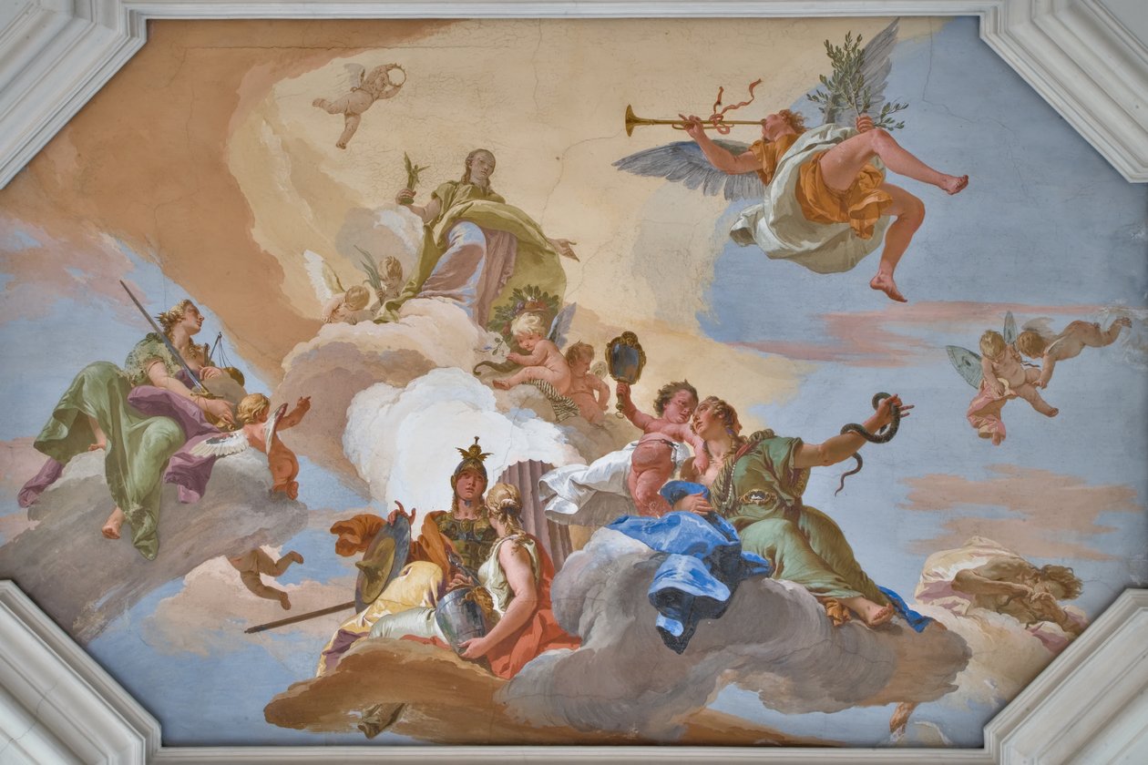 Triumph of Glory annonceret af Fame, der står blandt kardinaldyderne af Giovanni Battista Tiepolo
