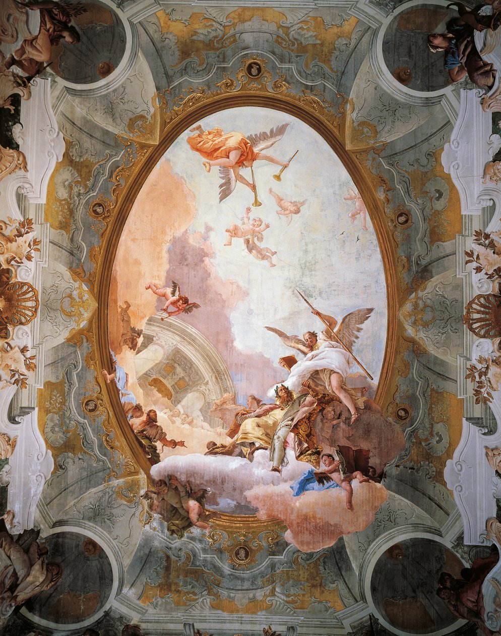 Allegori om fortjeneste ledsaget af adel og dyd, af Giambattista Tiepolo (1696-1770). Throne Rooms loft, Ca 