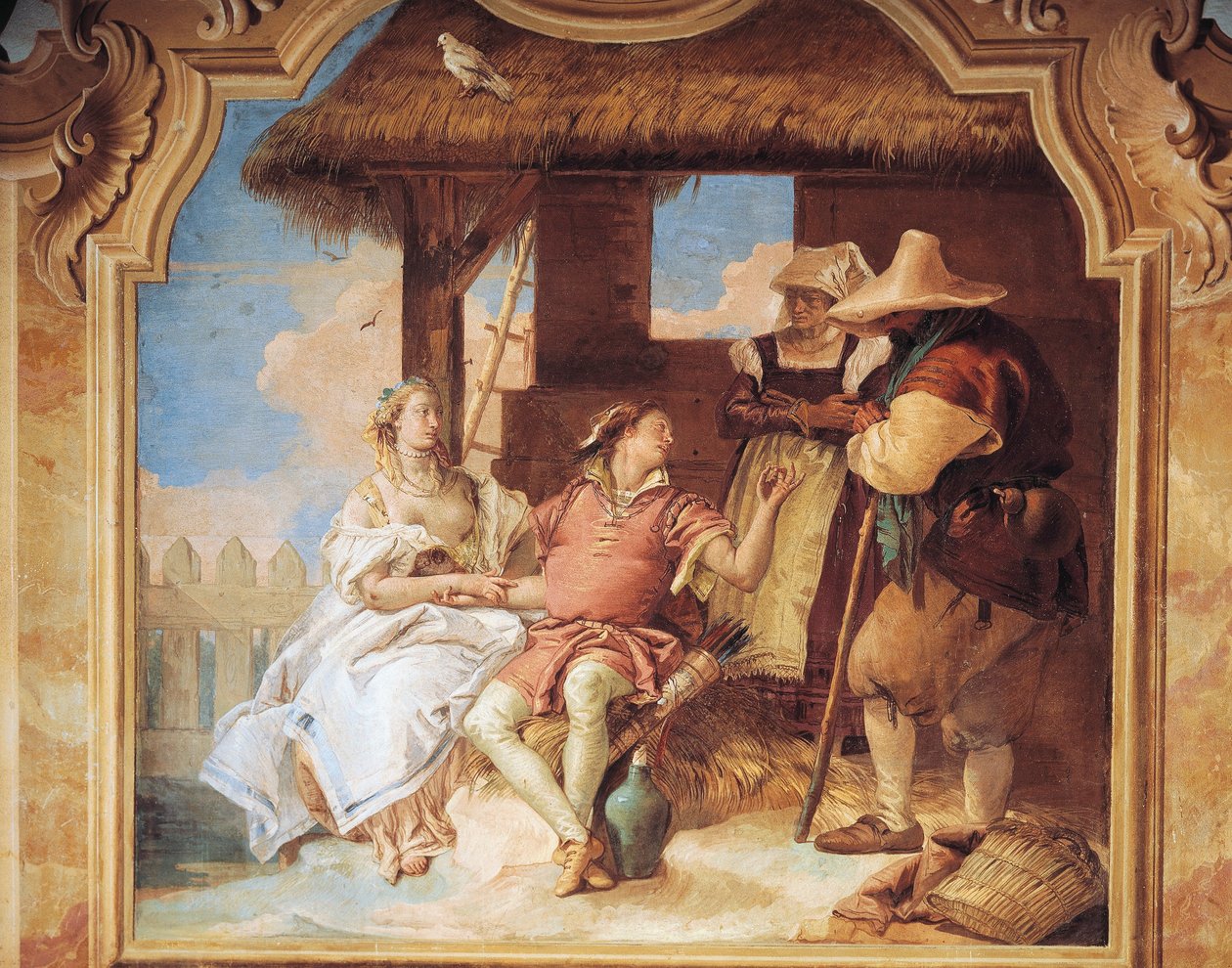 Angelica og Medoro tager afsked med bønder af Giambattista Tiepolo fra Nani Room of the Frenzy of Orlando i Villa Valmarana, fresco af Giovanni Battista Tiepolo