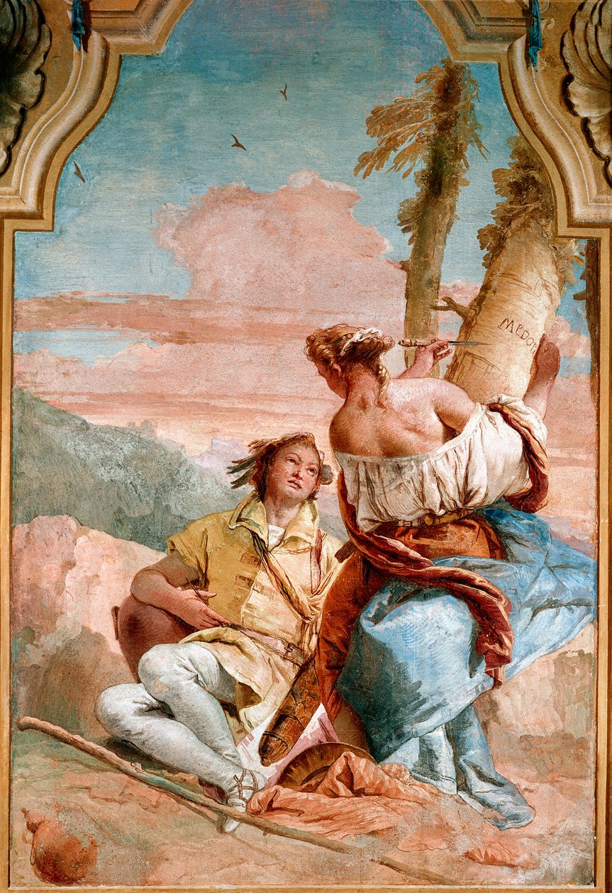 Angelique et Medor - Illustration til "Den rasende Roland"" (Orlando Furioso) af Ludovic Arioste (Ariosto), der repræsenterer Angelica (Angelica), der indskriver navnet på Medor (Medoro), som hun netop har sluttet sig til, på en træstamme - Fresco af Giamb af Giovanni Battista Tiepolo