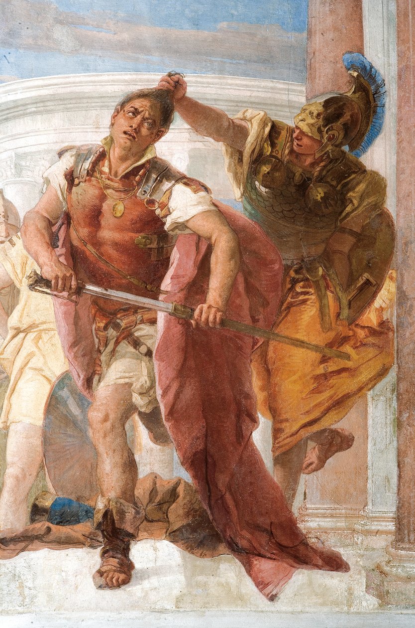 Detalje af Minerva, der forhindrer Achilles i at dræbe Agamemnon, fra Iliadens værelse i Palazzina af Giovanni Battista Tiepolo
