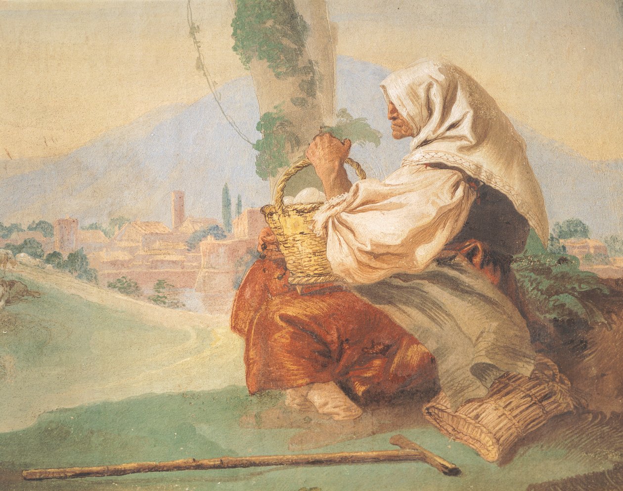 Landskabet har bonden En gammel mand sidder, hans hoved er dækket af en blodig mand, der skjuler hans ansigt af Giovanni Battista Tiepolo