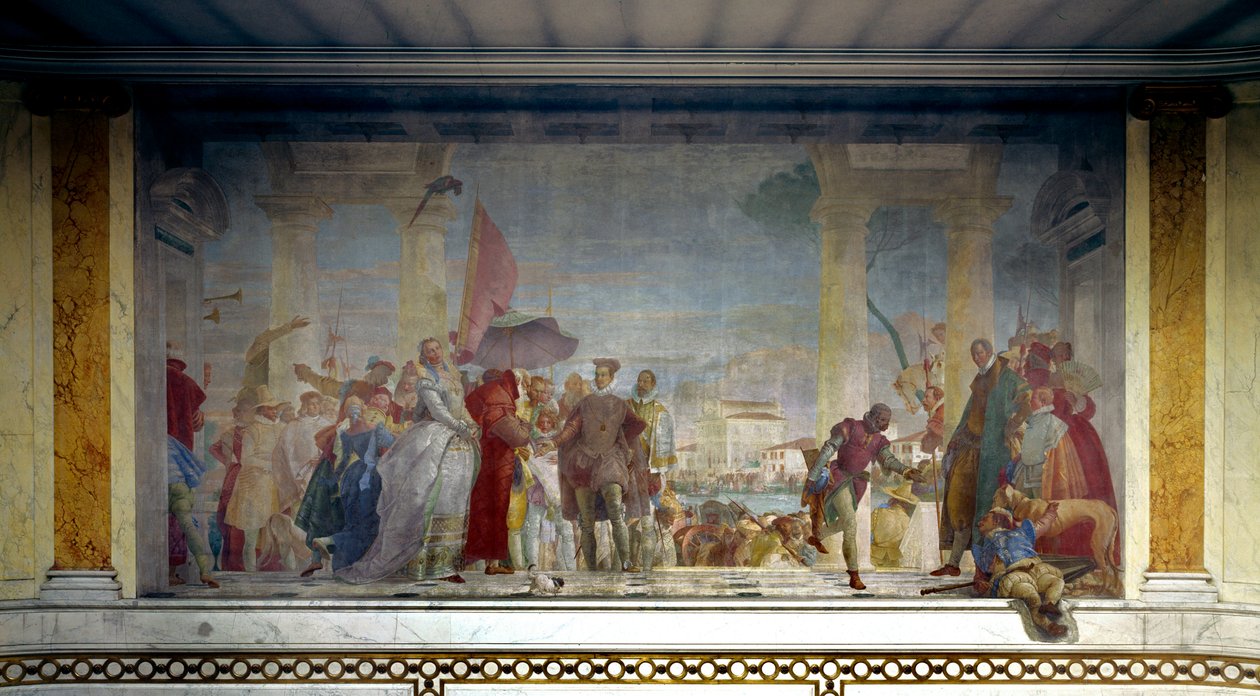 Kongen af Frankrig Henrik III (1551-1589) modtaget i Venedig af Federico Contarini i 1574 ved indgangen til villaen Mira. Maleri af Giovanni Tiepolo (1696-1770) af Giovanni Battista Tiepolo