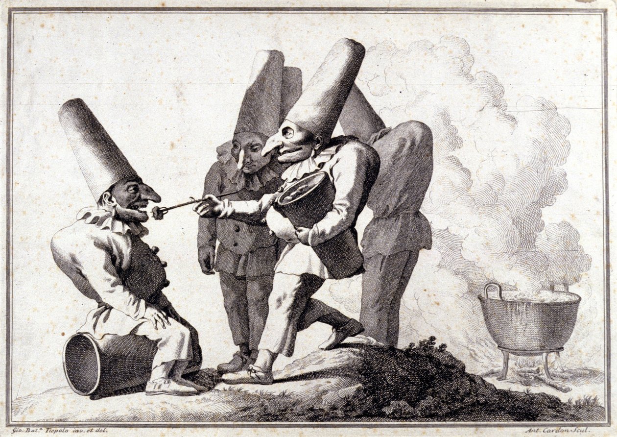 Gruppen af ​​Pulcinella (italiensk Polichinelle). Tegning i pen og vask på blyantmærke af Giovanni Battista (Giambattista) Tiepolo (1696-1770). af Giovanni Battista Tiepolo