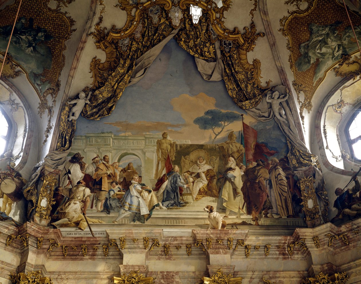 Investituren af Eveque Aroldo af Frederic I af Hohenstaufen (1122-1190) dit Frederic Barberousse, konge af Tyskland og germansk kejser fresco af Giovanni Battista (Giambattista) Tiepolo (1696-1770). 1700-tallets Palads i Würzburg (Würzburg) Tyskland af Giovanni Battista Tiepolo