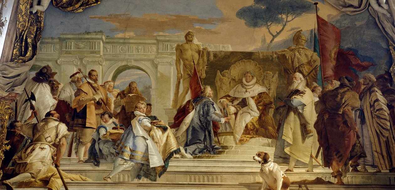 Investituren af Eveque Aroldo af Frederic I af Hohenstaufen (1122-1190) dit Frederic Barberousse, konge af Tyskland og germansk kejser fresco af Giovanni Battista (Giambattista) Tiepolo (1696-1770). 1700-tallets Palads i Würzburg (Würzburg) Tyskland af Giovanni Battista Tiepolo