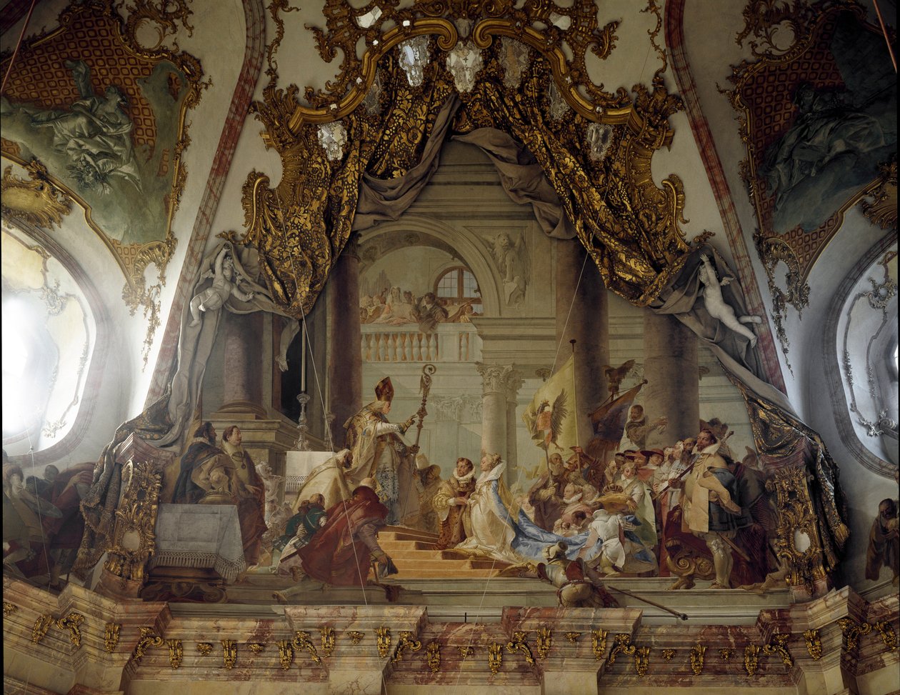 Bryllupet mellem Beatrice af Bourgogne og Frederik I af Hohenstaufen (1122-1190) kendt som Frederic Barberousse, konge af Tyskland og germansk kejser i 1156 Fresco af Giovanni Battista (Giambattista) Tiepolo (1696-1770). 1752 Palace of Wurzburg (Würzburg)  af Giovanni Battista Tiepolo