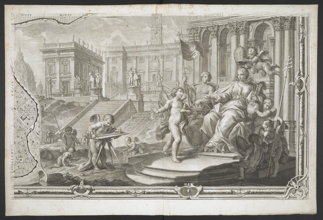 En kvindeskikkelse, der bliver kronet, fra New Plan of Rome, bragt frem i lyset af G. Nolli af Giovanni Battista (after) Nolli