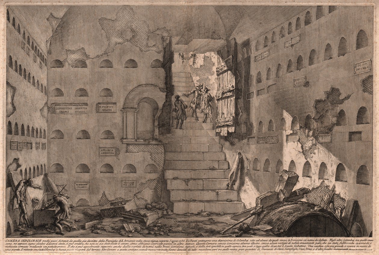 Udsigt over en gammel gravkammeropdagelse i 1736 nær Rom, Italien (gravering) af Giovanni Battista (after) Piranesi
