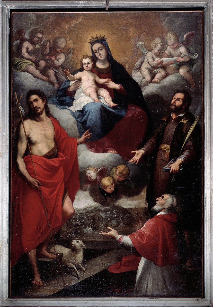 Jomfru med St John the Baptist og St Lawrence (olie på lærred af Giovanni Battista Baiardo