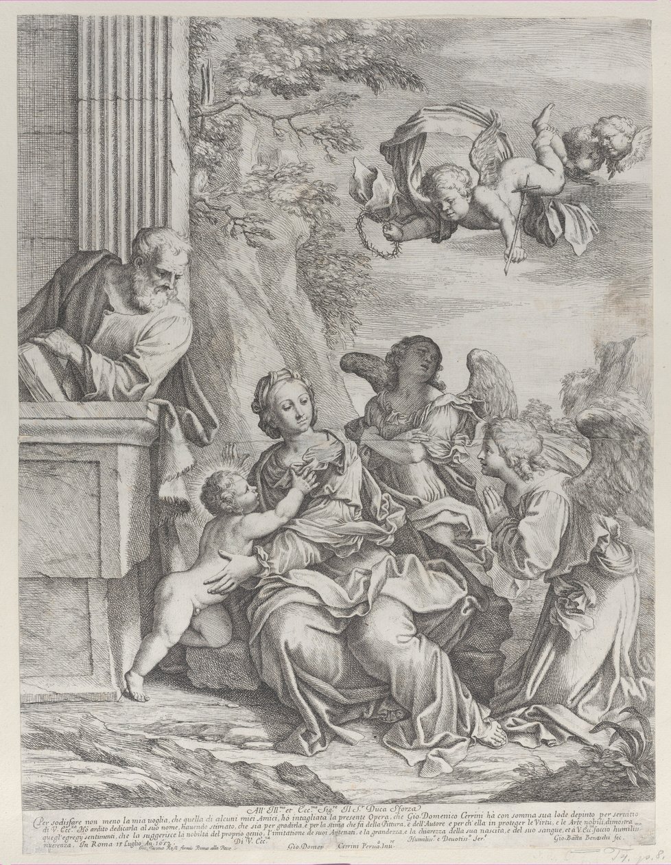 Den hellige familie med engle til højre og over hovedet, 1652. af Giovanni Battista Beinaschi