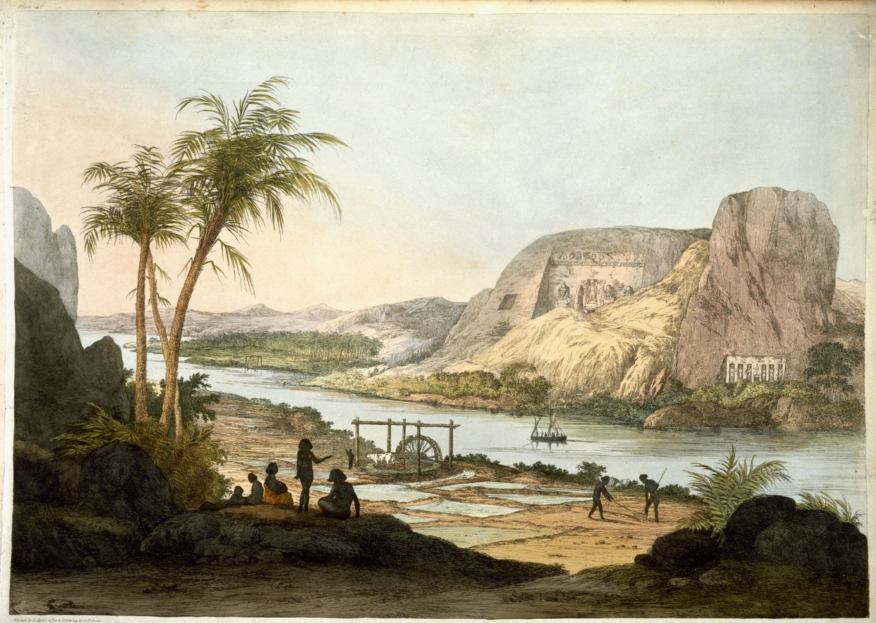 Udvendigt billede af de to templer i Abu Simbel, fra plader illustrerende for forskerne i Egypten og Nubien, offentliggjort 1822 af Giovanni Battista Belzoni