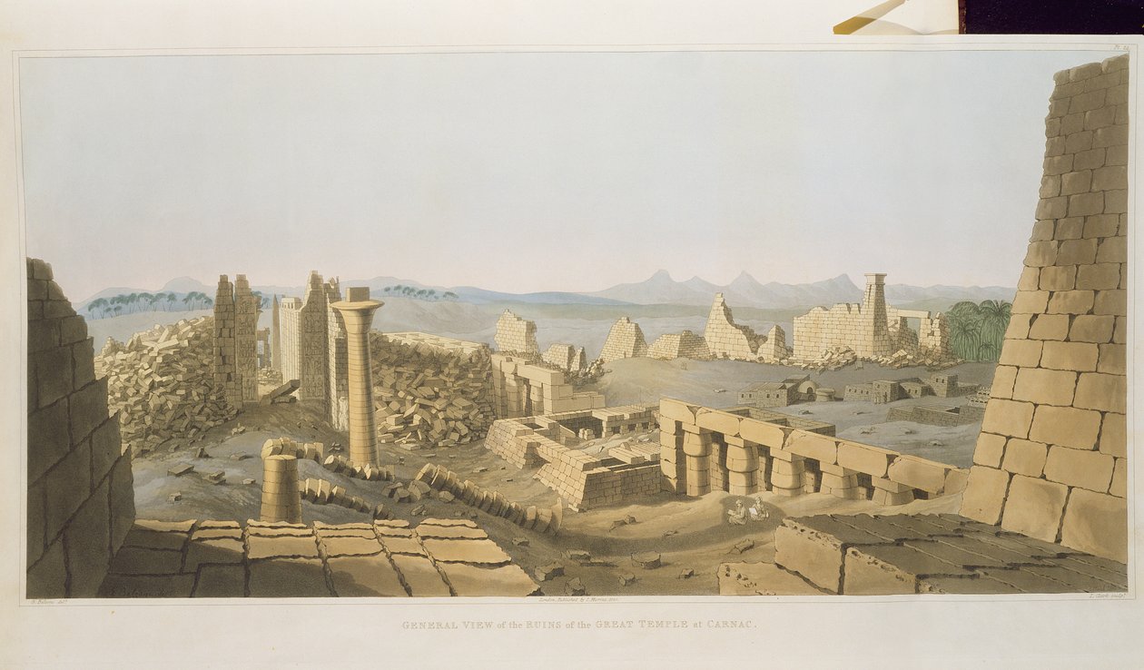 Generelt syn på ruinerne af det store tempel i Carnac, opdaget af G. Belzoni, fra plader, der illustrerer forskningen i Egypten og Nubien, indgraveret af Charles Hullmandel (1789-1850) 1820 (litho) af Giovanni Battista Belzoni