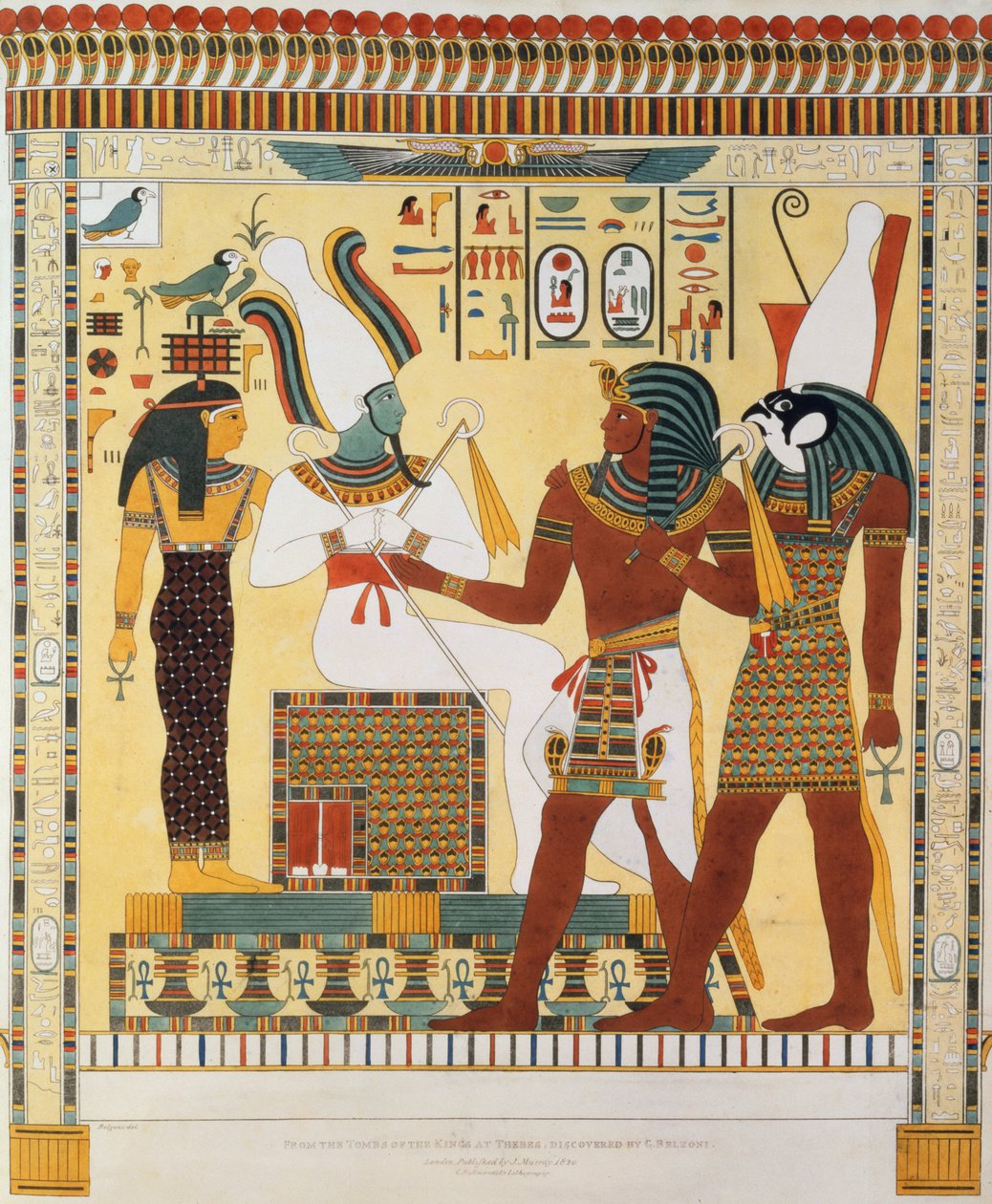 Maleri fra kongegravene i Theben, opdaget af G. Belzoni, planche 19 fra `Plates Illustrative of the Researches in Egypt and Nubia`, graveret af Charles Hullmandel (1789-1850) 1820-22 (lit af Giovanni Battista Belzoni