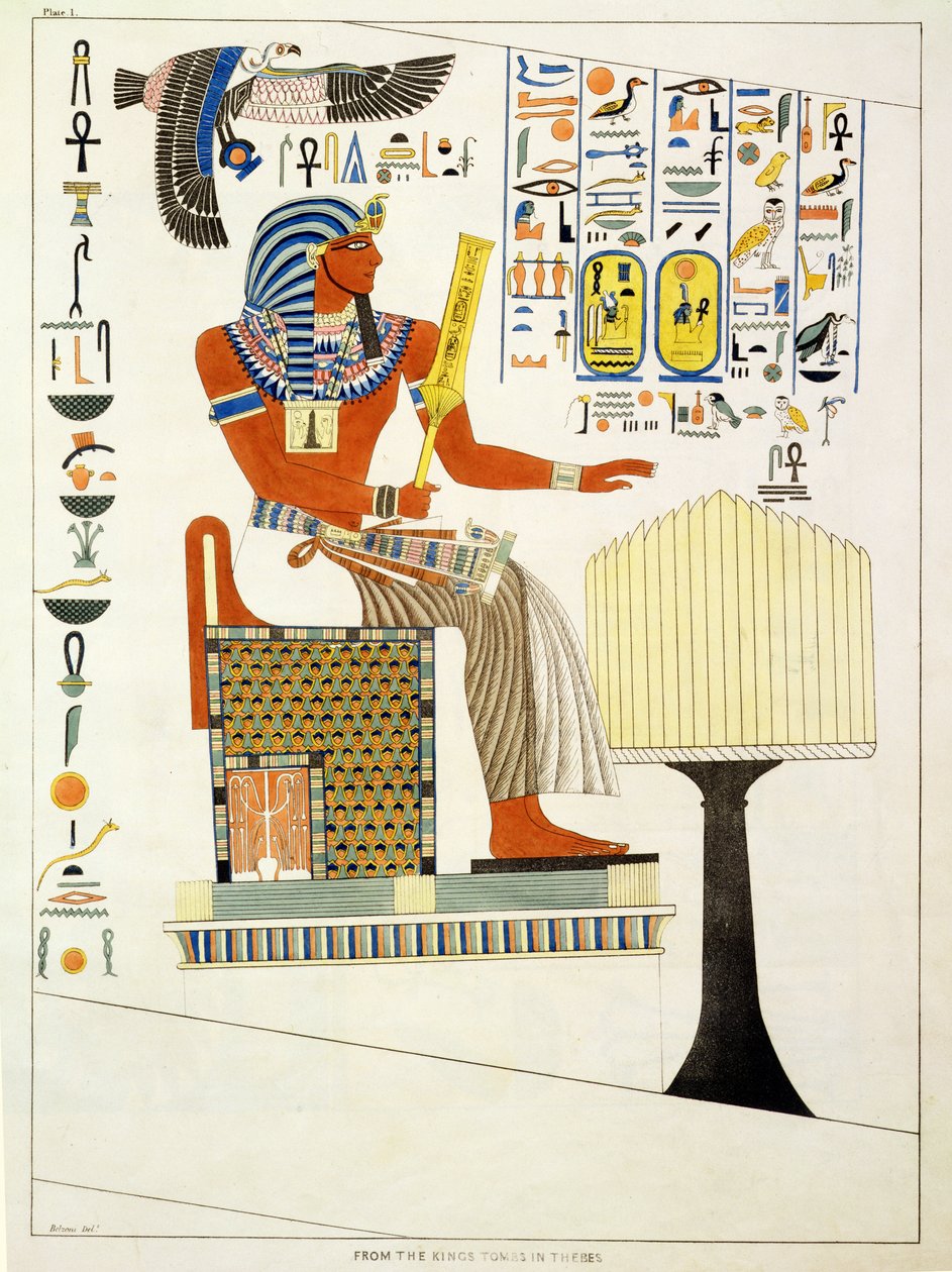 Vægmaleri fra gravene af kongerne af Theben, opdaget af G. Belzoni, plade 1 fra `Plader Illustrative of the Researches in Egypt and Nubia`, graveret af Charles Hullmandel (1789-1850) 1820-22 (lith af Giovanni Battista Belzoni