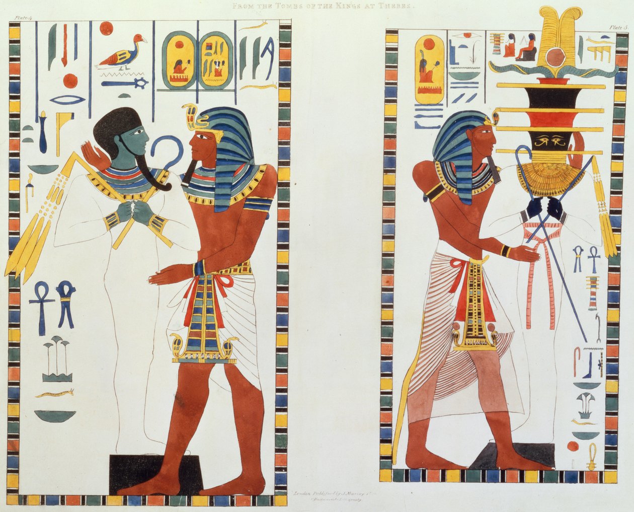To vægmalerier fra kongegravene i Theben, opdaget af G. Belzoni, planche 5 fra `Plates Illustrative of the Researches in Egypt and Nubia`, graveret af Charles Hullmandel (1789-1850) 1820-22 af Giovanni Battista Belzoni