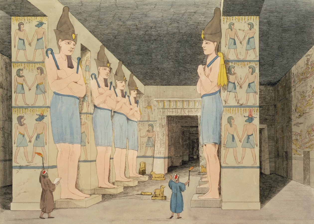 Udsigt over det indre af templet i Ybsombul, Nubien, opdaget af Giovanni Belzoni, indgraveret af Augustine Aglio (1777-1857) plade 48 fra `Plader Illustrative of the Researches in Egypt and Nubia, af Giovanni Battista Belzoni