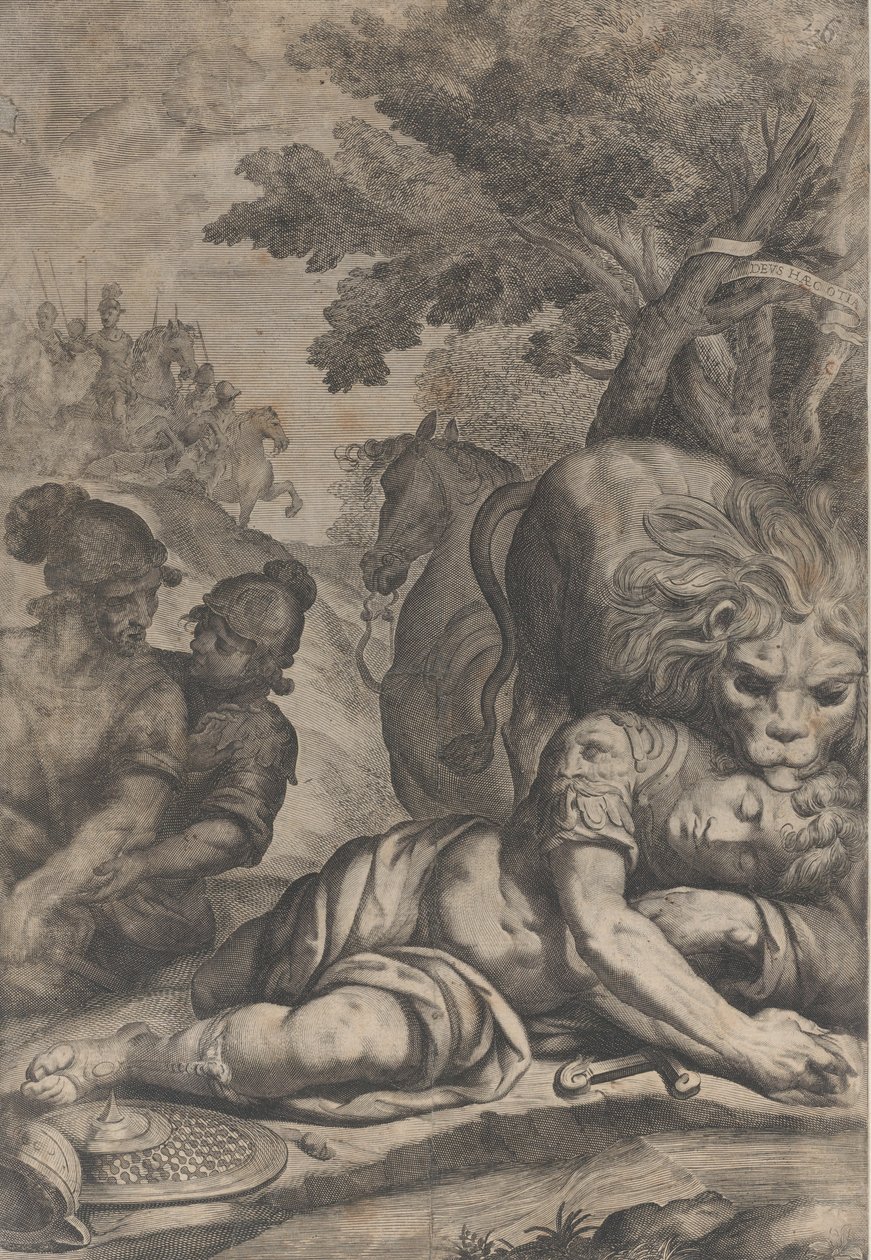 En løve oven på en faldet rytter til højre med to andre soldater til venstre, 1640-70. af Giovanni Battista Bonacina