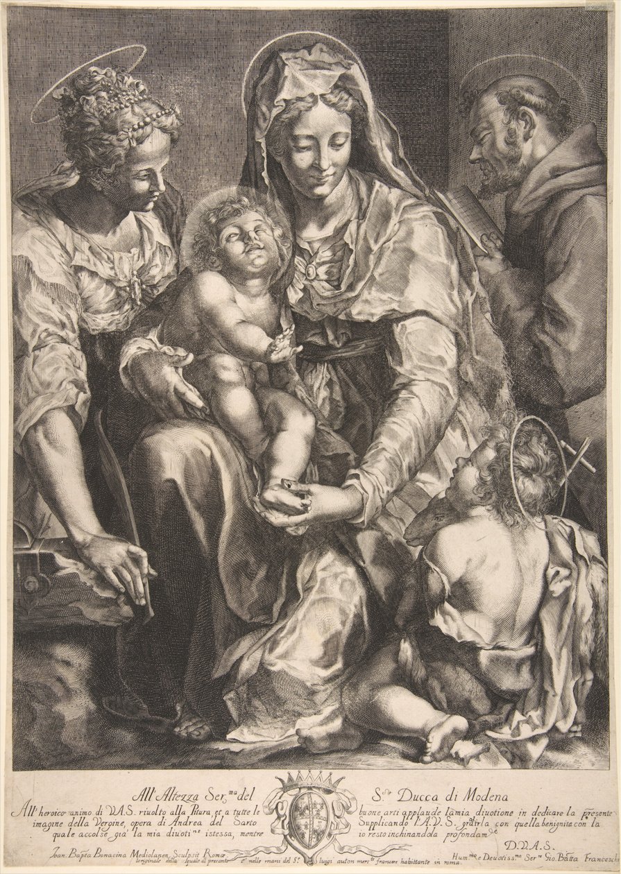 Jomfru og barn med den hellige Katarina, Frans af Assisi og Johannes Døberen, midten af det 17. århundrede. af Giovanni Battista Bonacina