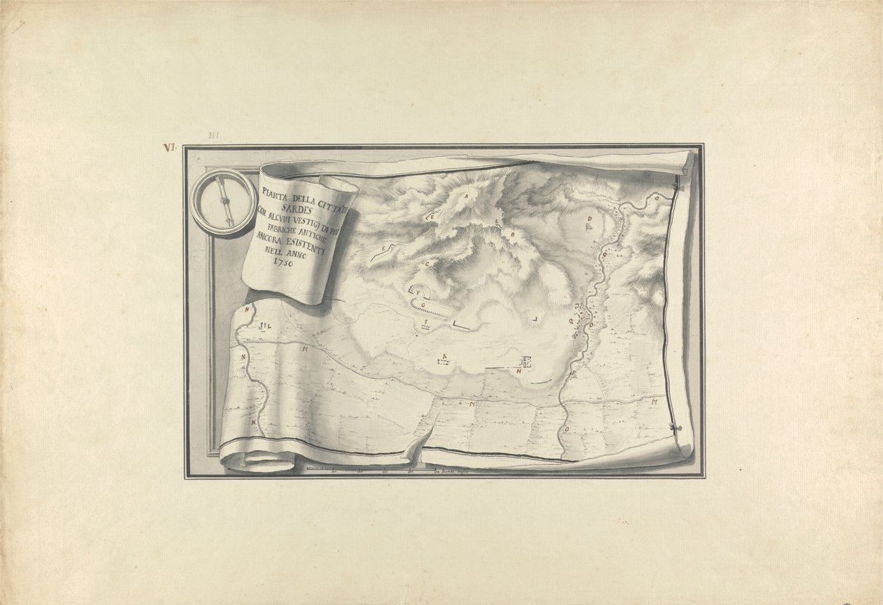 Plan over ruinerne ved Sardes med svindler af gamle bygninger, der stadig eksisterede i 1750 af Giovanni Battista Borra