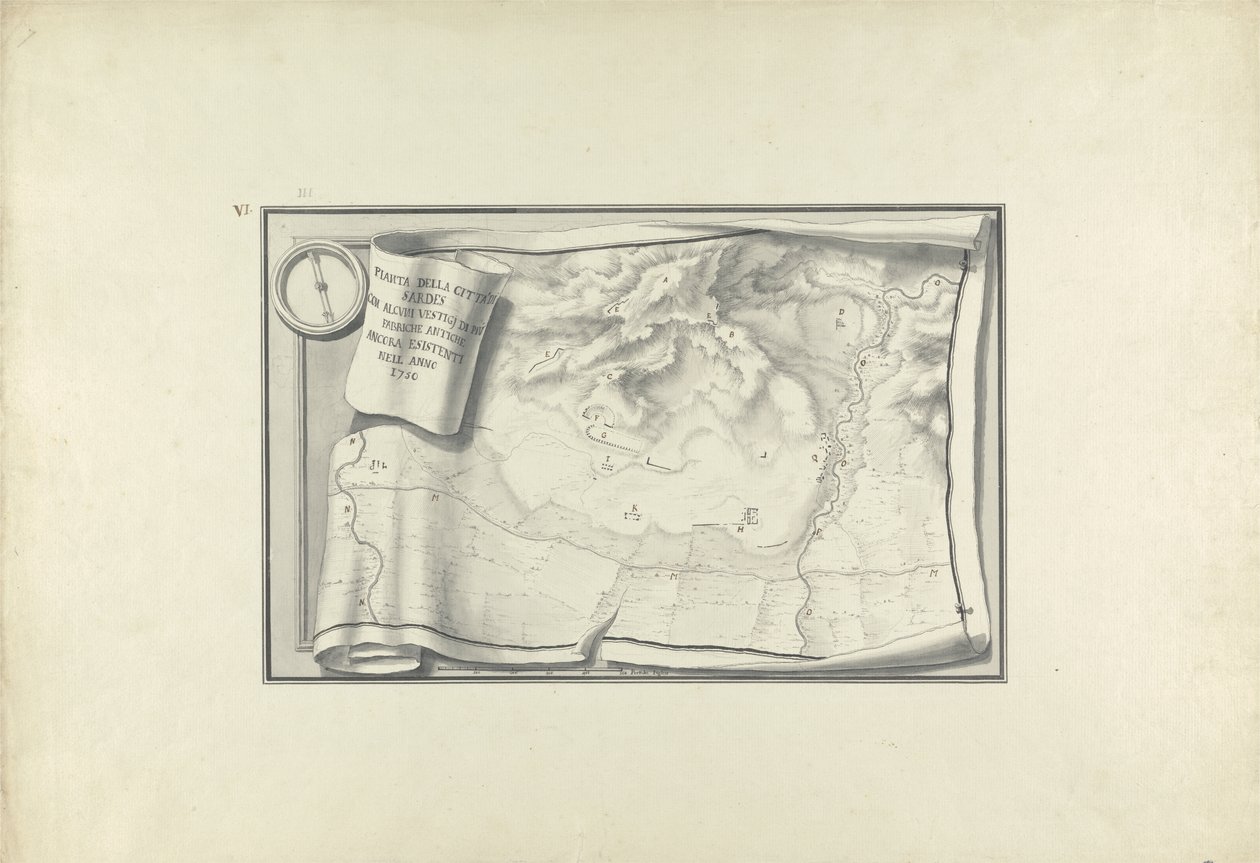 Plan over ruinerne ved Sardis med rester af gamle bygninger, der stadig eksisterede i 1750, ca. 1750 (pen og blæk med vask over grafit på papir) af Giovanni Battista Borra
