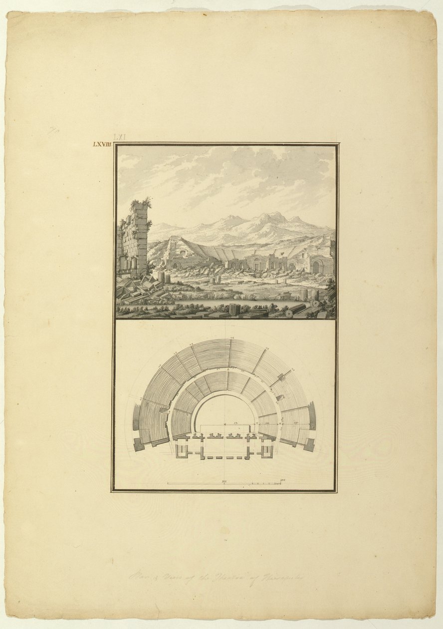 Udsigt og plan for Theatre of Hierapolis (nu Pamukkale), ca. 1750 (pen & blæk og vask på papir) af Giovanni Battista Borra