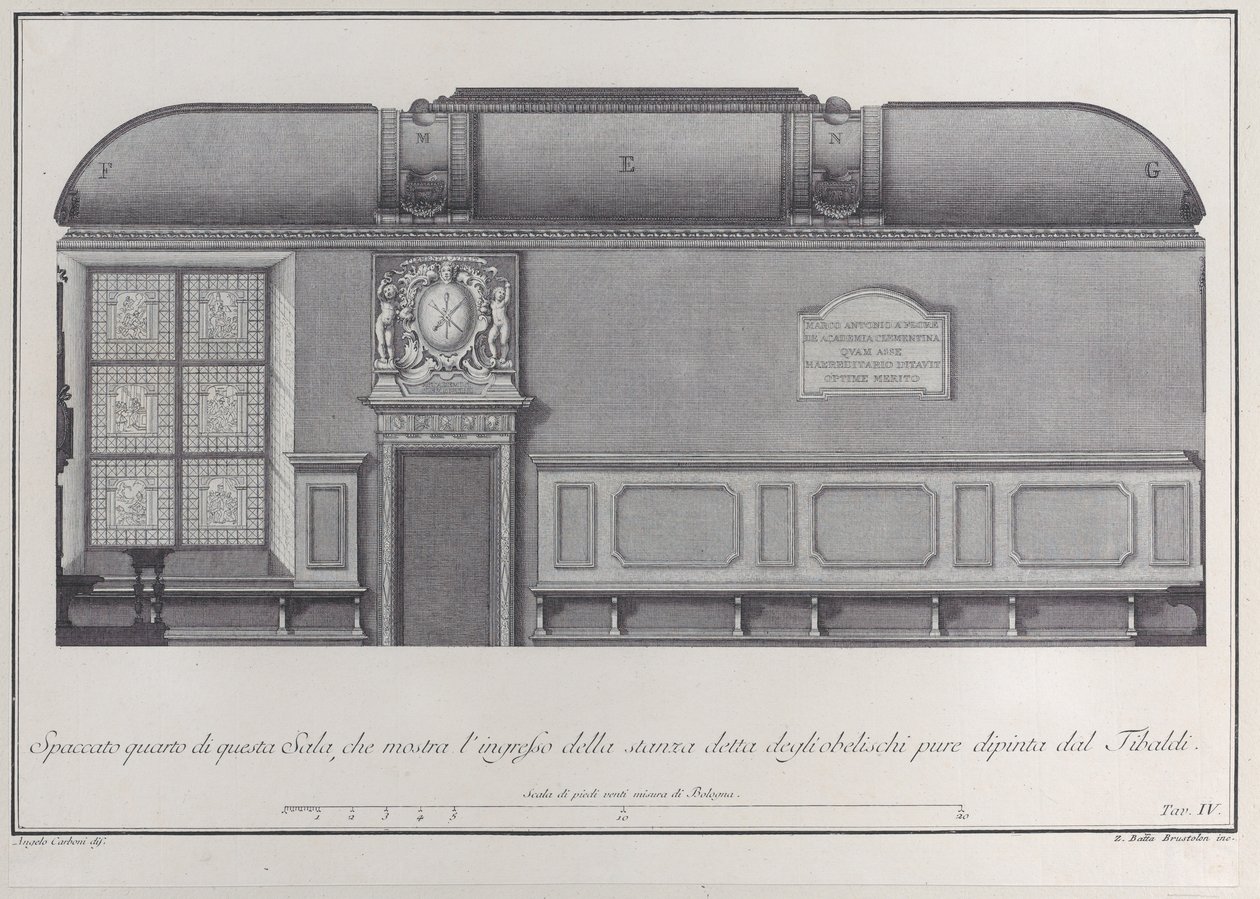 Plade 4: Tværsnit af Hallen af Instituttet i Bologna, med indgangen til r..., 1756. af Giovanni Battista Brostoloni