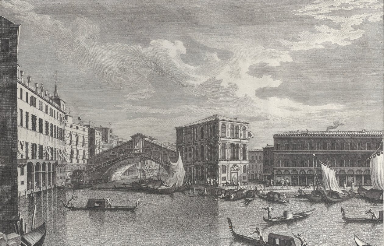 Rialtobroen, Venedig, med både og gondoler i vandet, 1763. af Giovanni Battista Brostoloni