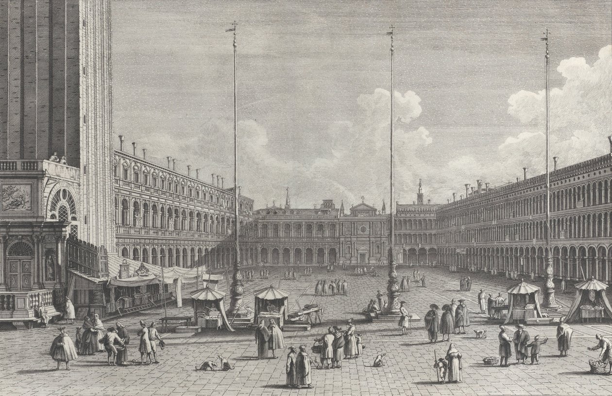 Udsigt over Piazza San Marco, med kirken San Geminiano i den fjerne ende, og figurer og..., 1763. af Giovanni Battista Brostoloni