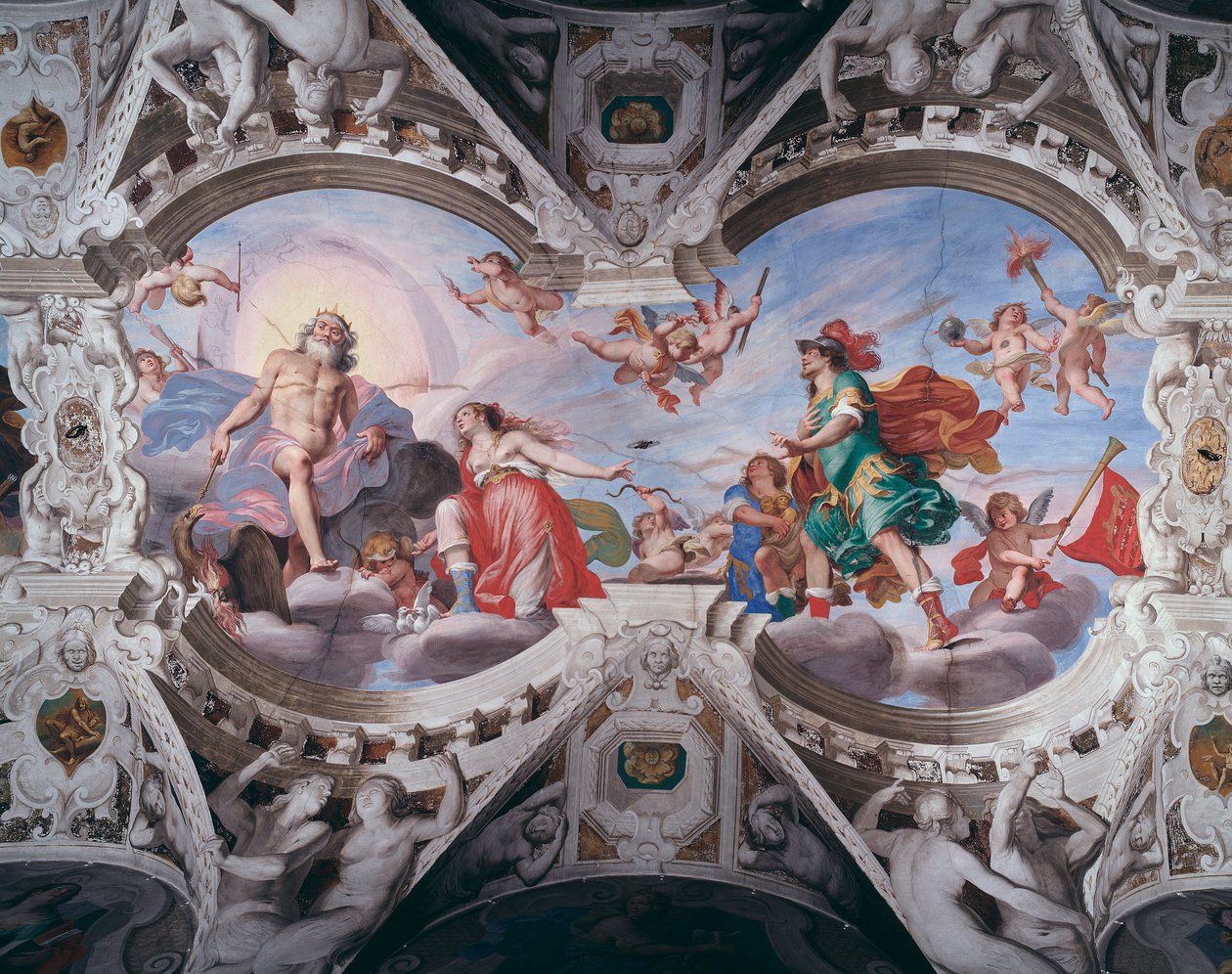 Afrodite bønfalder Zeus om ikke at dræbe sin elsker Anchises (Fresco af Giovanni Battista Carlone