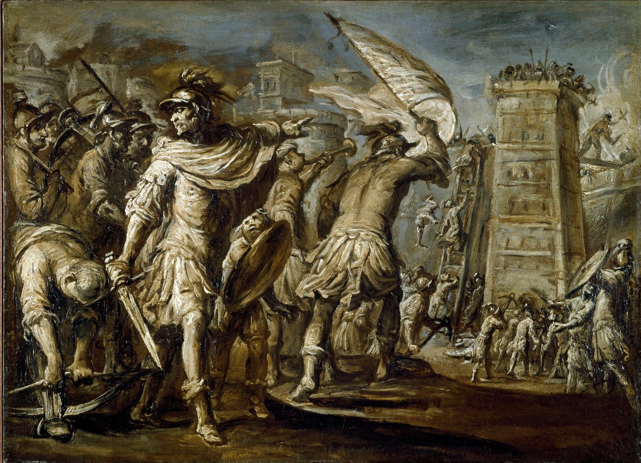 Første korstog: "" Genova condottiero Guglielmo Embriaco under erobringen af Jerusalem"" Det er oprindelsen til et angrebstårn lavet af skoven af Genova-skibe. Monokromt maleri af Giovanni Battista Carlone af Giovanni Battista Carlone