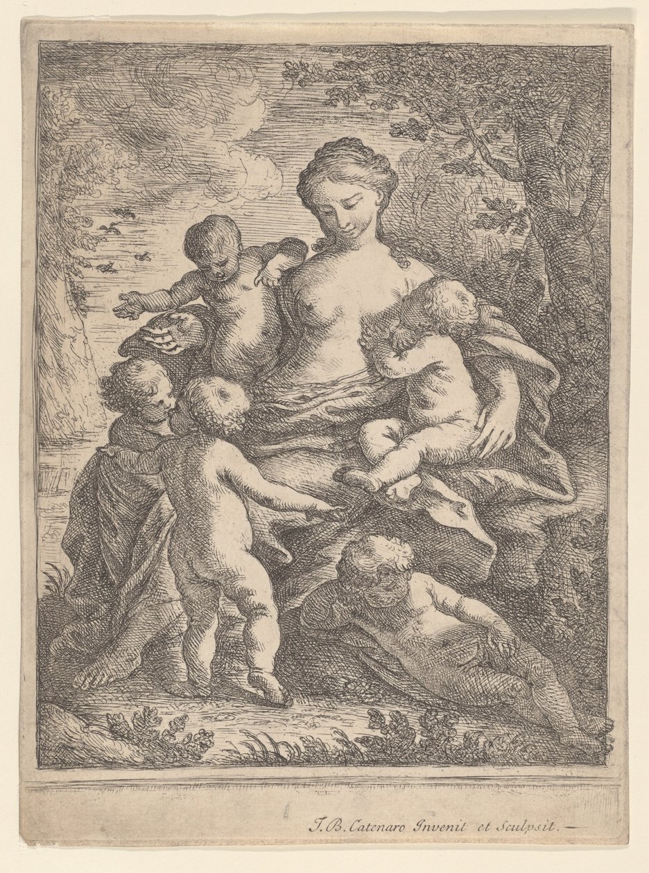 Charity, siddende i et landskab omgivet af fem nøgne børn, 1692-1727. af Giovanni Battista Catenaro