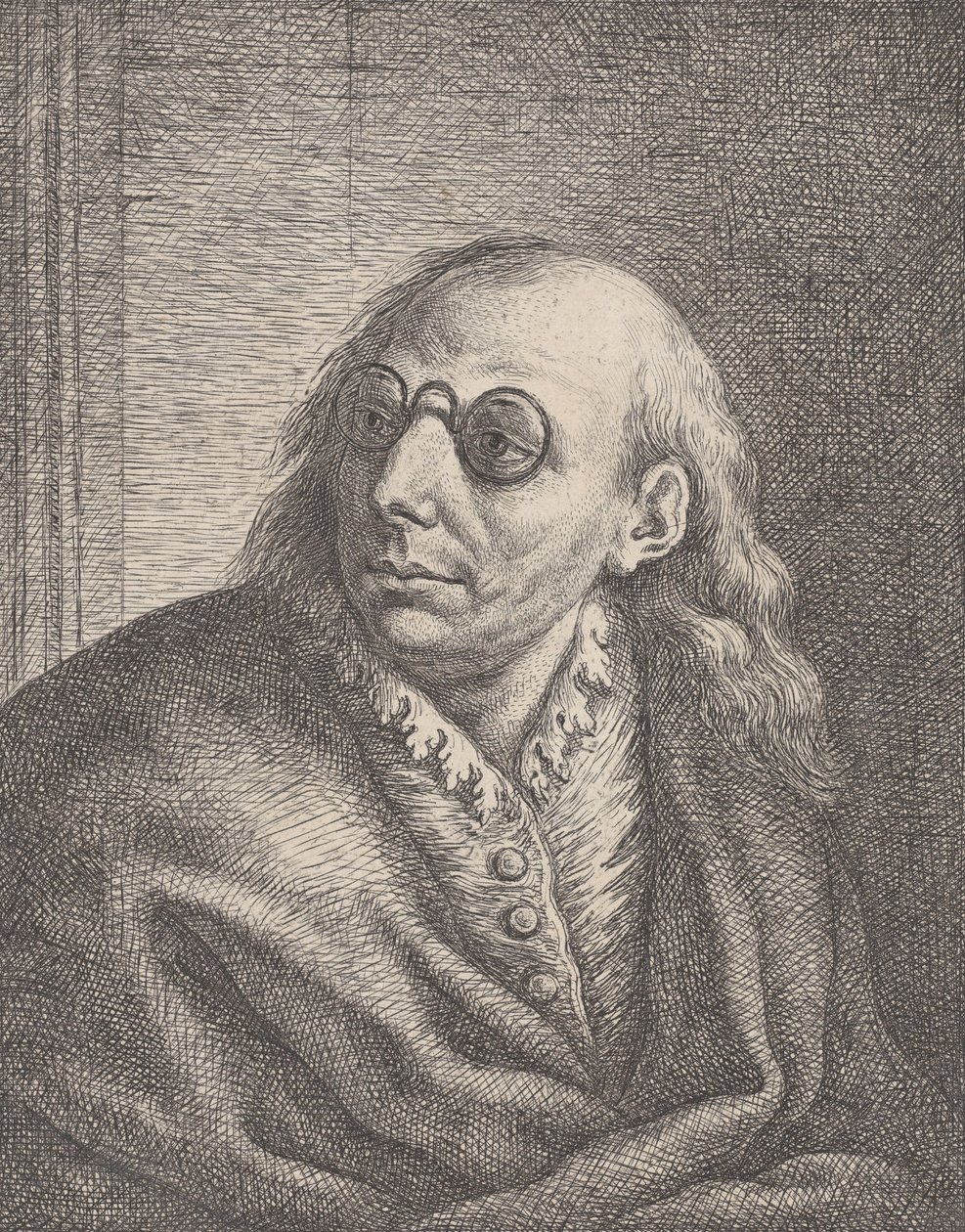 Portræt af Luca Giordano, iført runde briller og ser til venstre, 1692-1727., 1692-1727. af Giovanni Battista Catenaro